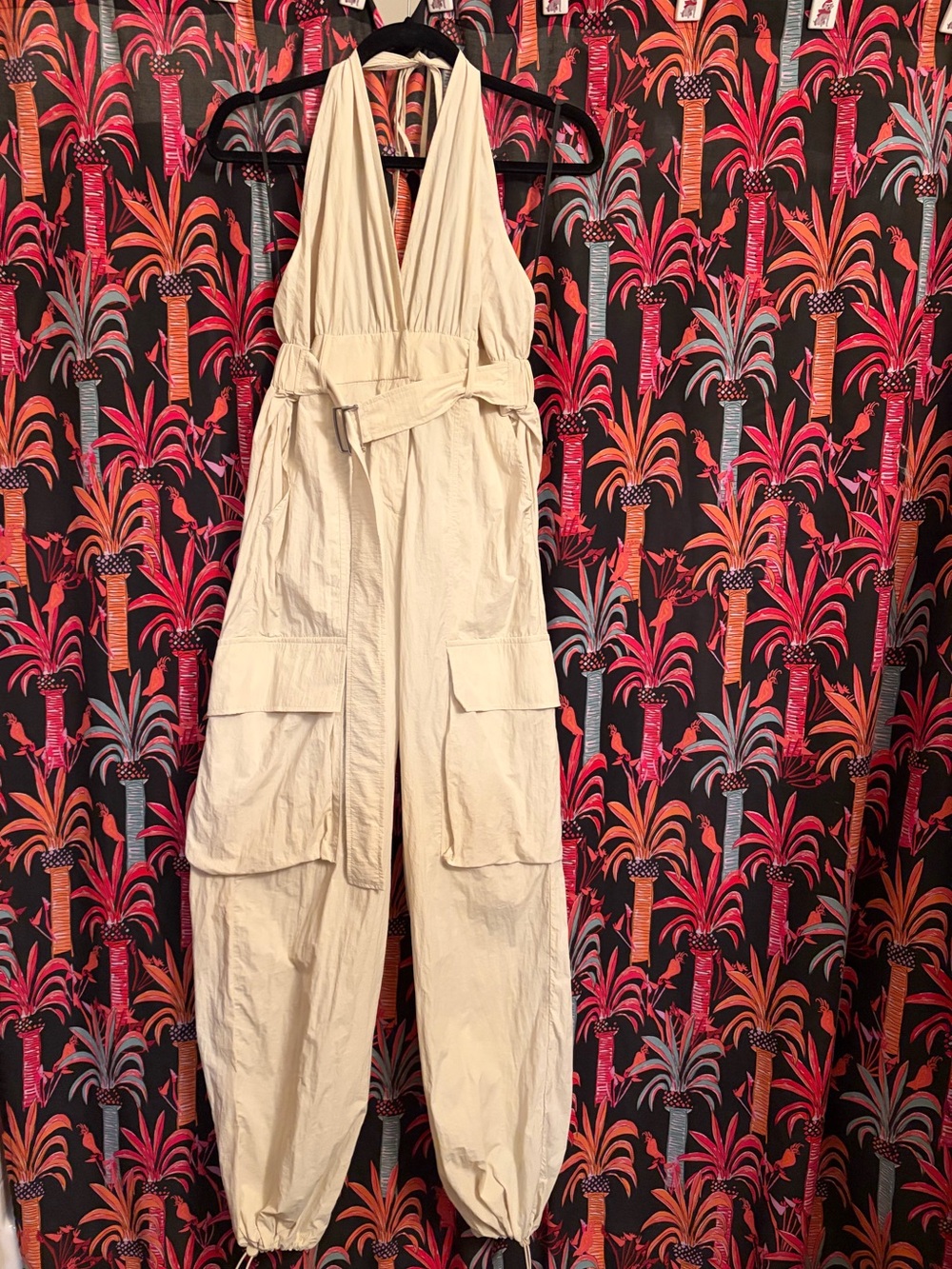 Forever 21 Cream Utility Halter Jumpsuit with Cargo Pockets